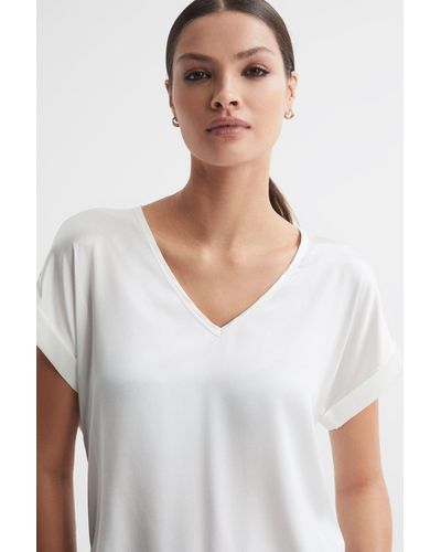 Reiss Natalia - Ivory Silk-front V-neck T-shirt - White