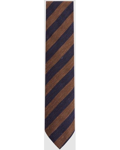Reiss Sienna - Tobacco/navy Textured Silk Blend Striped Tie - Multicolor