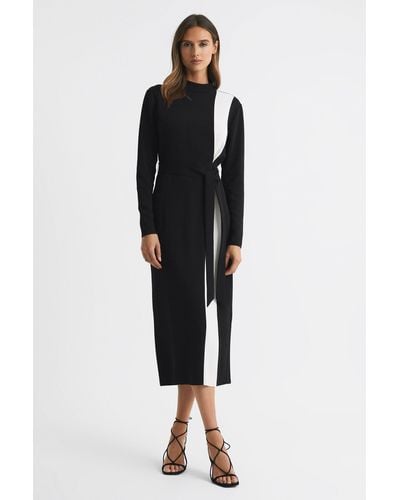 Reiss Millie - Black/white Contrast Stripe Belted Midi Dress