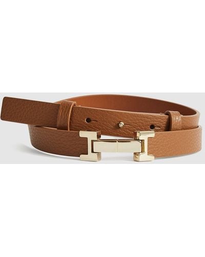Reiss Hayley - Leather Square Hinge Belt - Brown