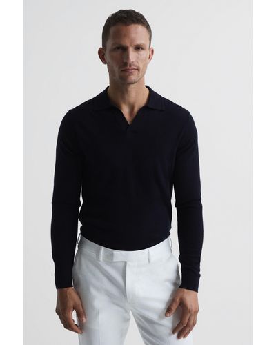 Reiss Milburn - Merino Wool Open Collar Polo Shirt - Blue