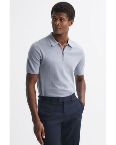 Reiss Maxwell - Porcelain Blue Merino Wool Half-zip Polo Shirt, Uk X-large