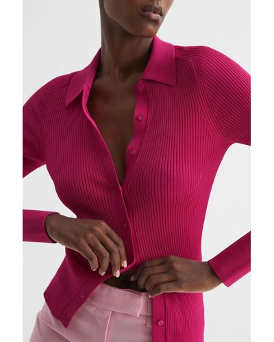 Reiss Sandy - Pink Ribbed Button Through Shirt, M