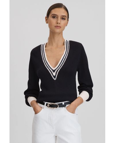 Reiss Tammy - Navy/white Crochet V-neck Sweater - Black