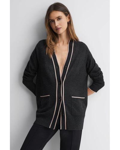 Reiss Carly - Charcoal/nude Wool Blend Contrast Trim Cardigan - Black