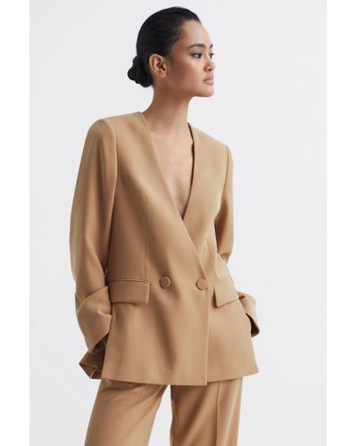 Reiss Margeaux - Neutral Collarless Double Breasted Suit Blazer, Us 10 - Natural