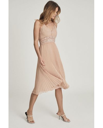 Reiss Emma - Nude Lace & Pleat Detailed Midi Dress, Us 8 - Natural
