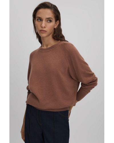 Reiss Andi - Dusty Pink Oversized Wool Blend Crew Neck Sweater - Brown