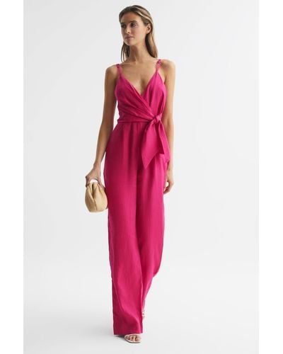 Reiss Emilia - Pink Petite V-neck Linen Jumpsuit, Us 10