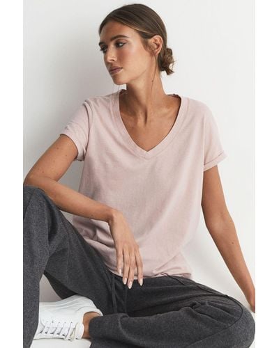 Reiss Luana - Light Pink Cotton Jersey V-neck T-shirt, Uk X-large