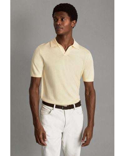 Reiss Duchie - Buttermilk Yellow Merino Wool Open Collar Polo Shirt - Natural