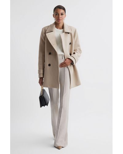 Reiss Maisie - Stone Wool Blend Double Breasted Coat - Natural