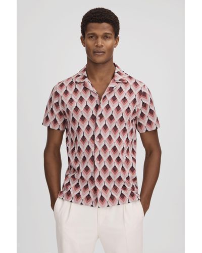 Reiss Beech - Pink Multi Cotton Blend Jacquard Cuban Collar Shirt, Xxl - Red