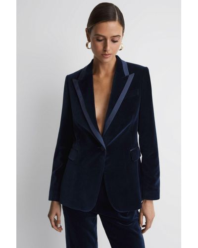 Reiss Bree - Navy Single Breasted Velvet Suit Blazer - Blue