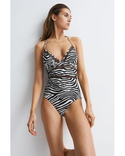 Reiss Gia - Black/white Halter Neck Zebra Print Swimsuit, Us 12 - Multicolor
