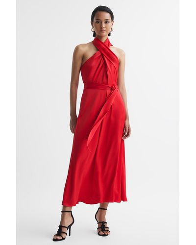 Reiss Vida - Red Satin Halter Neck Fitted Midi Dress