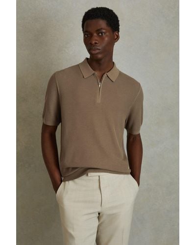 Reiss Ivor - Camel Textured Half-zip Polo Shirt, Xl - Green