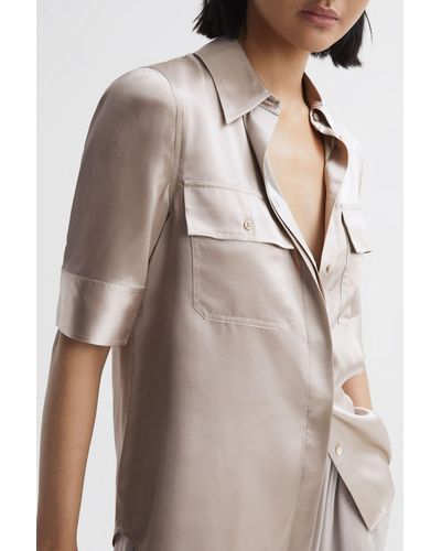 Reiss Aubrey - Champagne Silk Short Sleeve Button Through Shirt - Brown