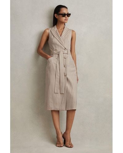 Reiss Andie - Neutral Wool Blend Striped Double Breasted Midi Dress - Natural