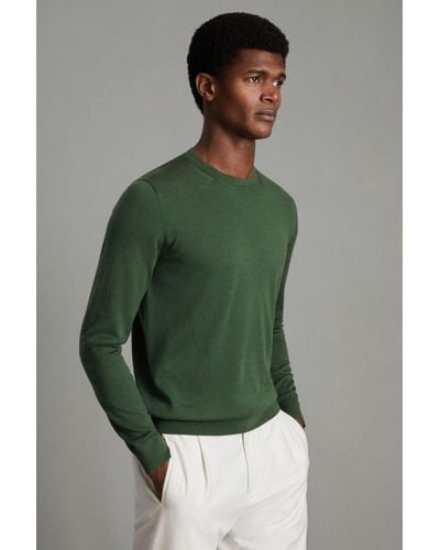 Reiss Wessex - Hunting Green Merino Wool Crew Neck Sweater, L