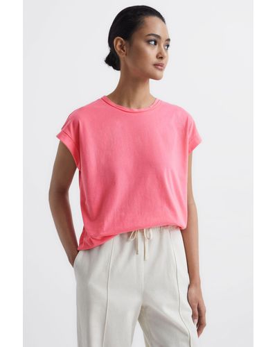Reiss Tereza - Pink Cotton-jersey Crew Neck T-shirt, L - Red
