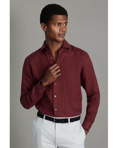 Reiss Ruban - Pecan Brown Linen Button-through Shirt - Red