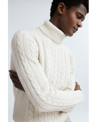 ATELIER Cloud White Cashmere Cable Knit Funnel Neck Sweater