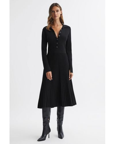 Reiss Mia - Black Knitted Pleated Midi Dress