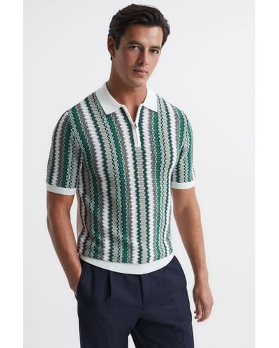 Reiss Redbourne - Sage Slim Fit Half Zip Stripe Polo Shirt, L - Blue