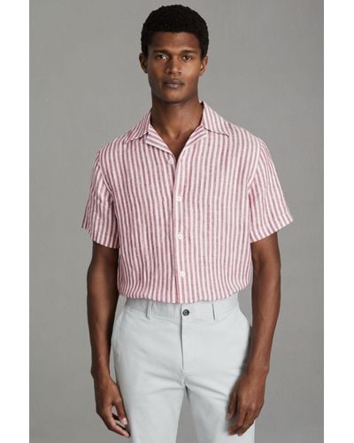 Reiss Beldi - Pink Stripe Relaxed Linen Cuban Collar Shirt - Multicolor