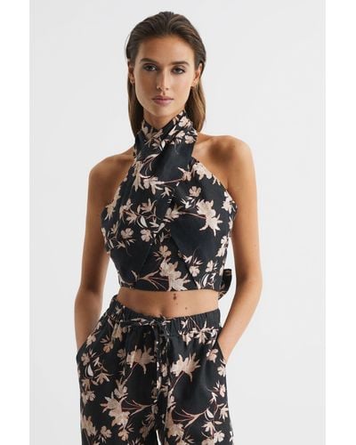 Reiss Ally - Black/blush Ally Printed Halter Neck Cropped Top, Us 6 - Multicolor