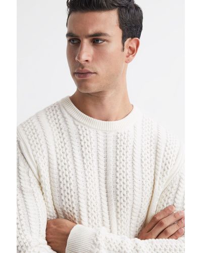 Reiss Arlington - Ecru Slim Fit Wool-cotton Cable Knit Sweater - White