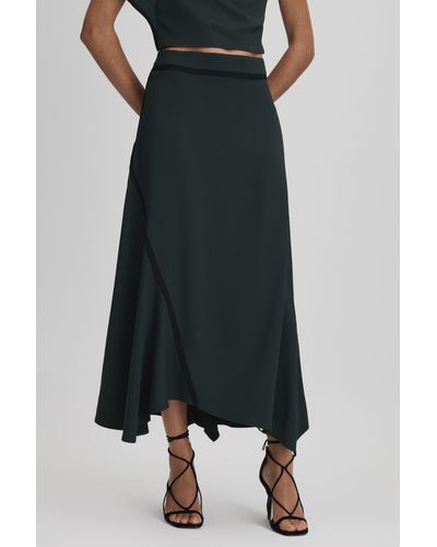 Reiss Sara - Green Asymmetric Contrast Trim Midi Skirt - Black