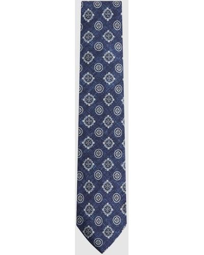 Reiss Vasari - Indigo Melange Silk Medallion Print Tie, One - Blue