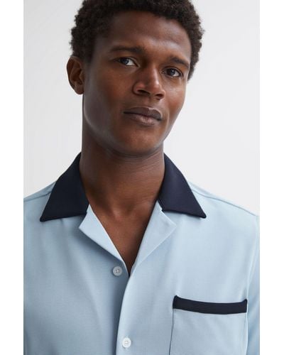 Reiss Troon - Soft Blue/navy Troon Slim Fit Cuban Collar Contrast Shirt - Brown