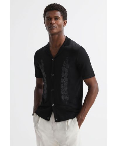 Reiss Script - Black Embroidered Cuban Collar Button Through T-shirt
