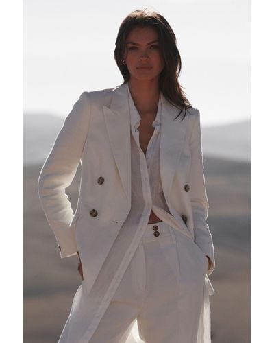Reiss Hollie - White Double Breasted Linen Blazer, Us 14