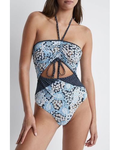 Reiss Megan - Navy Printed Cut-out Swimsuit - Blue