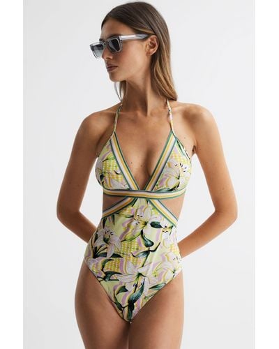 Reiss Hatty - Yellow Print Floral Print Cut-out Swimsuit - Green