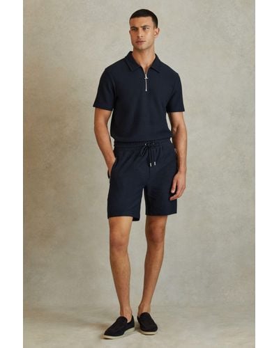 Reiss Hester - Navy Textured Cotton Drawstring Shorts, L - Blue