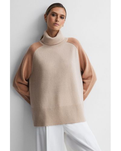 Reiss Edina - Camel/charcoal Relaxed Wool-cashmere Blend Roll Neck Sweater - Natural