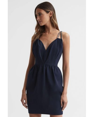 Reiss Justine - Navy Halston Embellished Strap Mini Dress - Blue