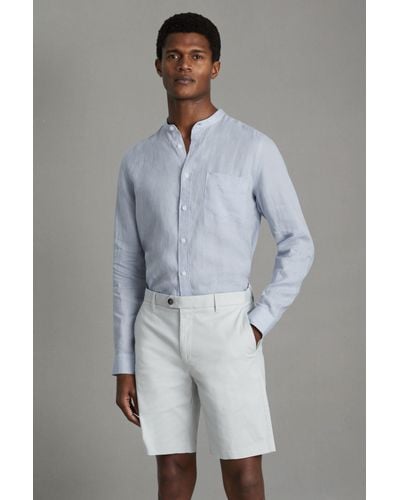 Reiss Ocean - Light Blue Linen Grandad Collar Shirt - Gray