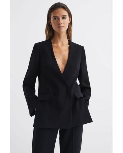 Reiss Margeaux - Black Collarless Double Breasted Suit Blazer, Us 6