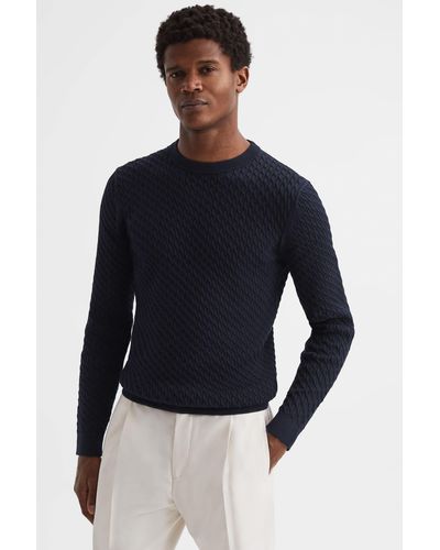 Reiss Arran - Navy Crew Neck Cable Knit Sweater, Uk X-large - Blue