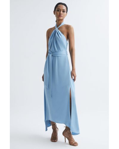 Reiss Evelyn Halter-neck Asymmetric-hem Woven Midi Dress - Blue