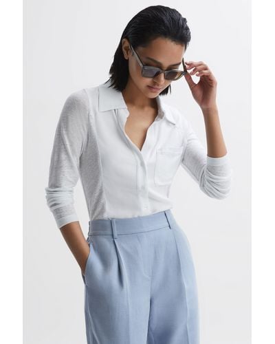 Reiss Phillipa - White Linen Sheer Button Through Shirt - Blue