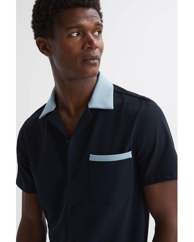 Reiss Navy/soft Blue Slim Fit Cuban Collar Contrast Shirt - Black
