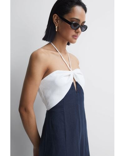 Reiss Sian - Navy/white Petite Linen Color Block Midi Dress, Us 0 - Blue