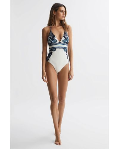 Reiss Monica - White Print Printed Halter Neck Swimsuit, Us 10 - Multicolor